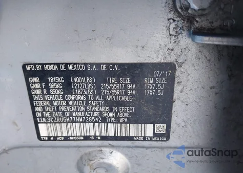 2017 Honda Hr-V Ex-L z USA, uszkodzony, nr VIN 3CZRU5H77HM728542